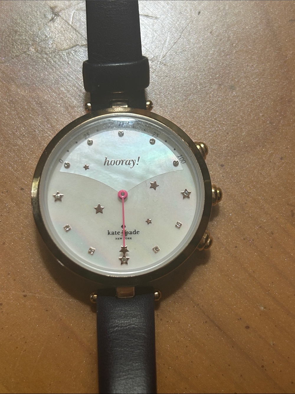 kate spade Gold-Tone Star Dial Watch with Black Strap hooray.  Needs battery